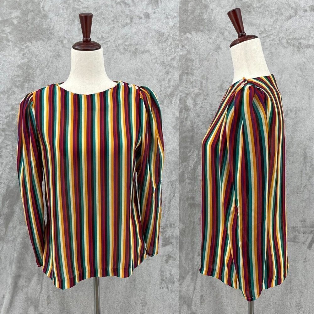 Vintage 80s Colorful Puff Shoulder Striped Blouse Top Shoulder Button